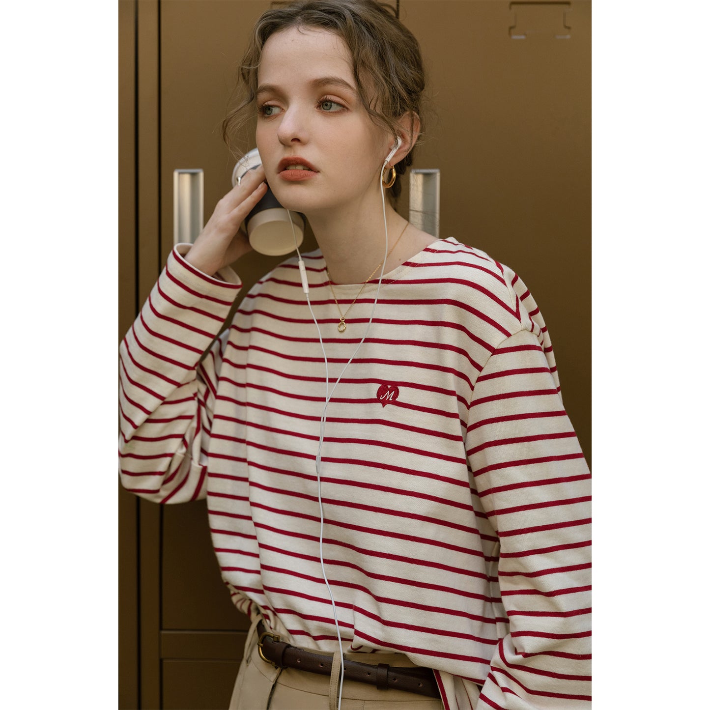 Relaxed Striped Tee With Heart Embroidery