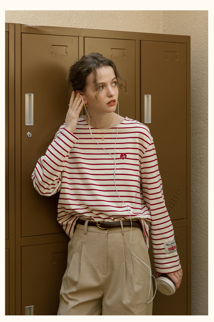 Relaxed Striped Tee With Heart Embroidery