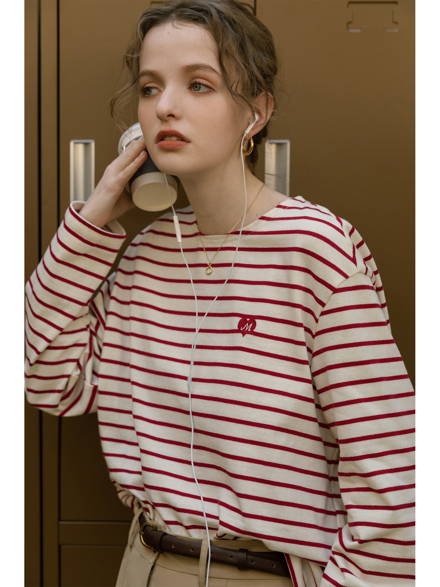 Relaxed Striped Tee With Heart Embroidery