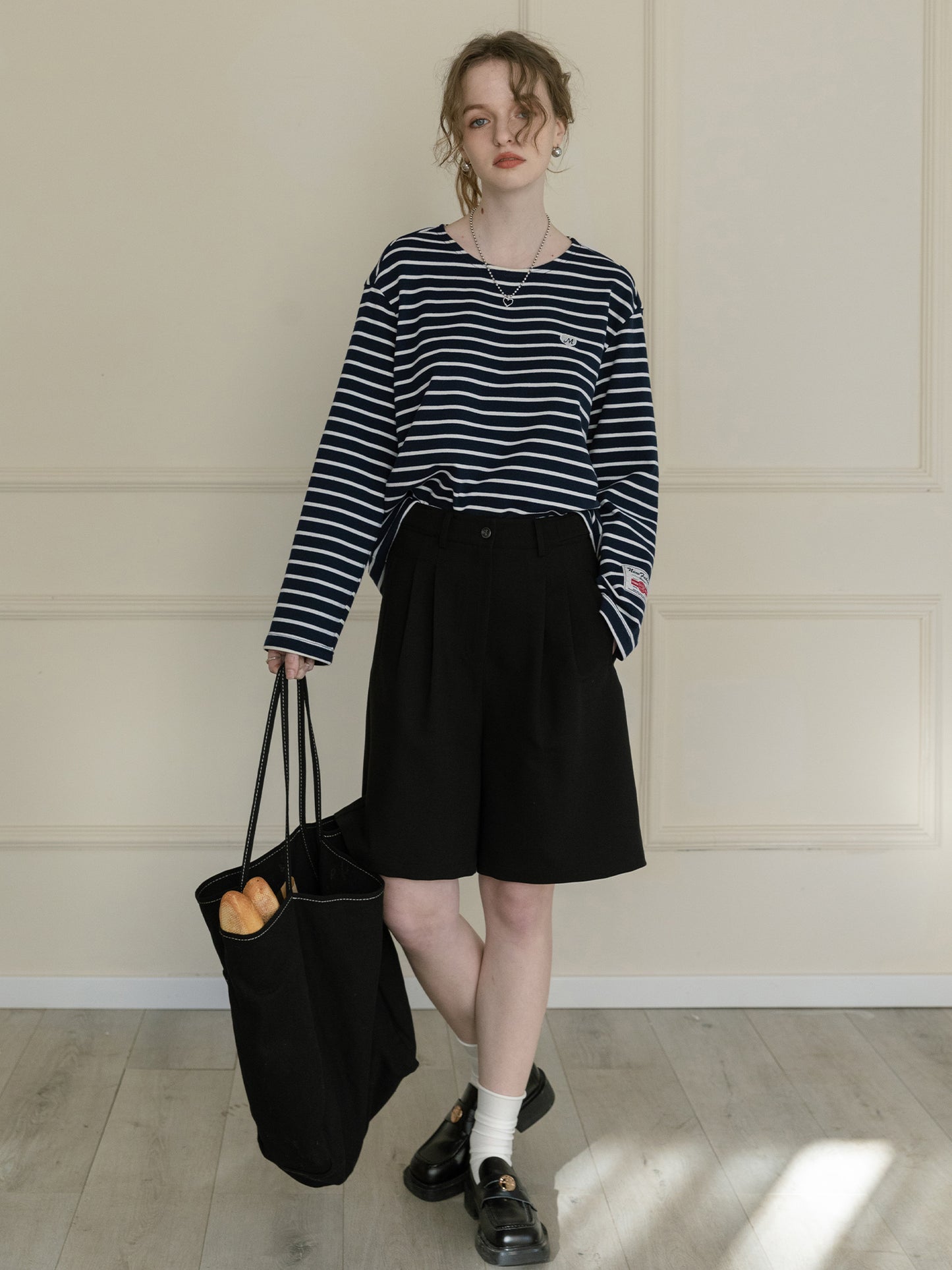 Relaxed Striped Tee With Heart Embroidery