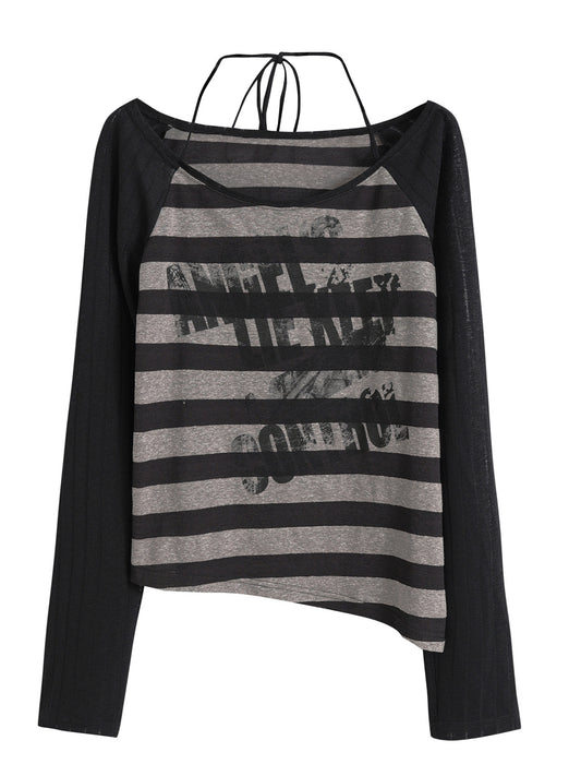 Striped Off-Shoulder T-Shirt With Halter Strap