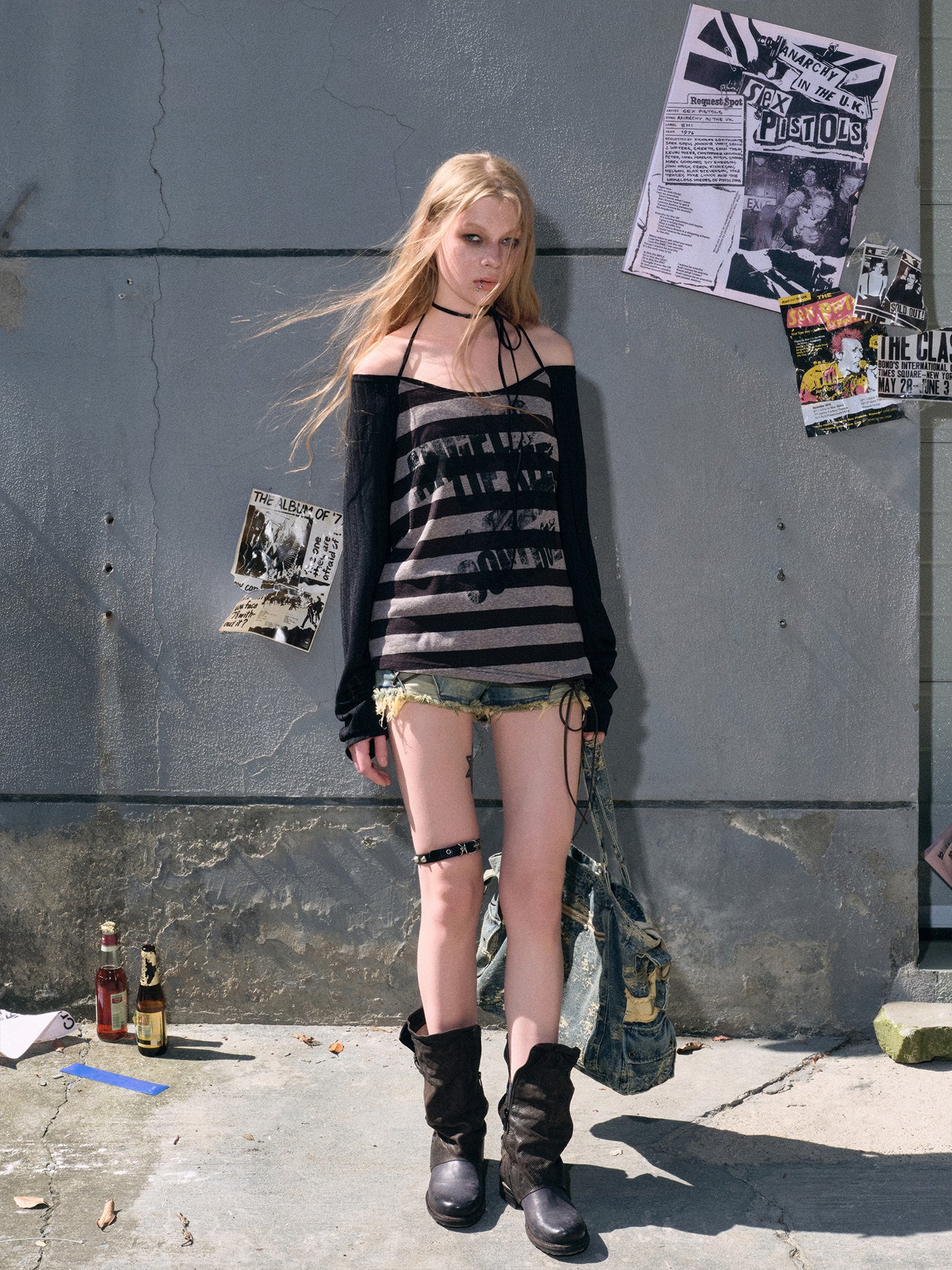 Striped Off-Shoulder T-Shirt With Halter Strap