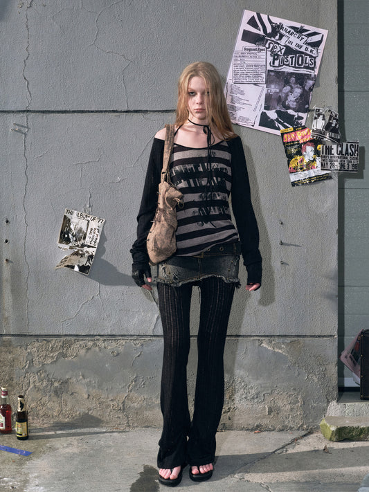 Striped Off-Shoulder T-Shirt With Halter Strap