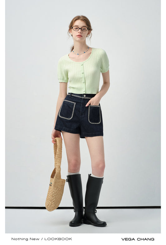 Round Neck Patterned Knit Cropped Top