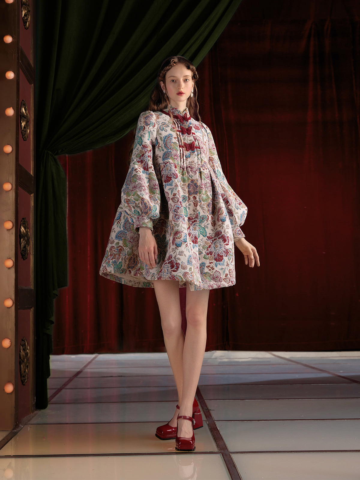 Jacquard Butterfly Accent Dress With Lantern Sleeves