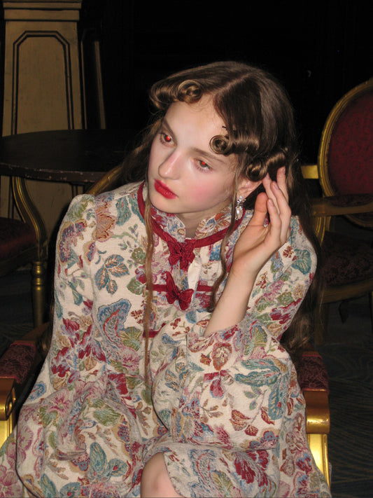 Jacquard Butterfly Accent Dress With Lantern Sleeves