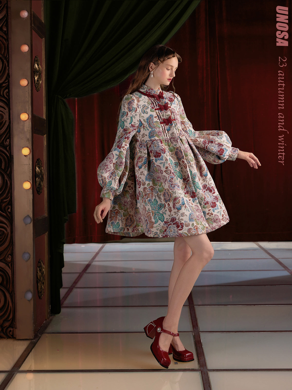 Jacquard Butterfly Accent Dress With Lantern Sleeves