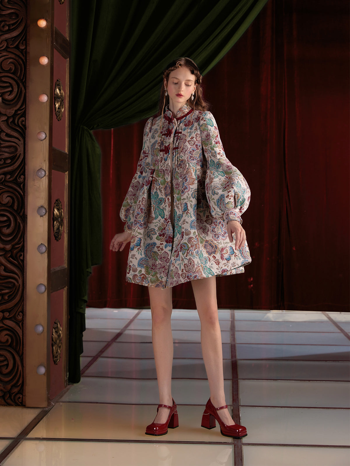 Jacquard Butterfly Accent Dress With Lantern Sleeves