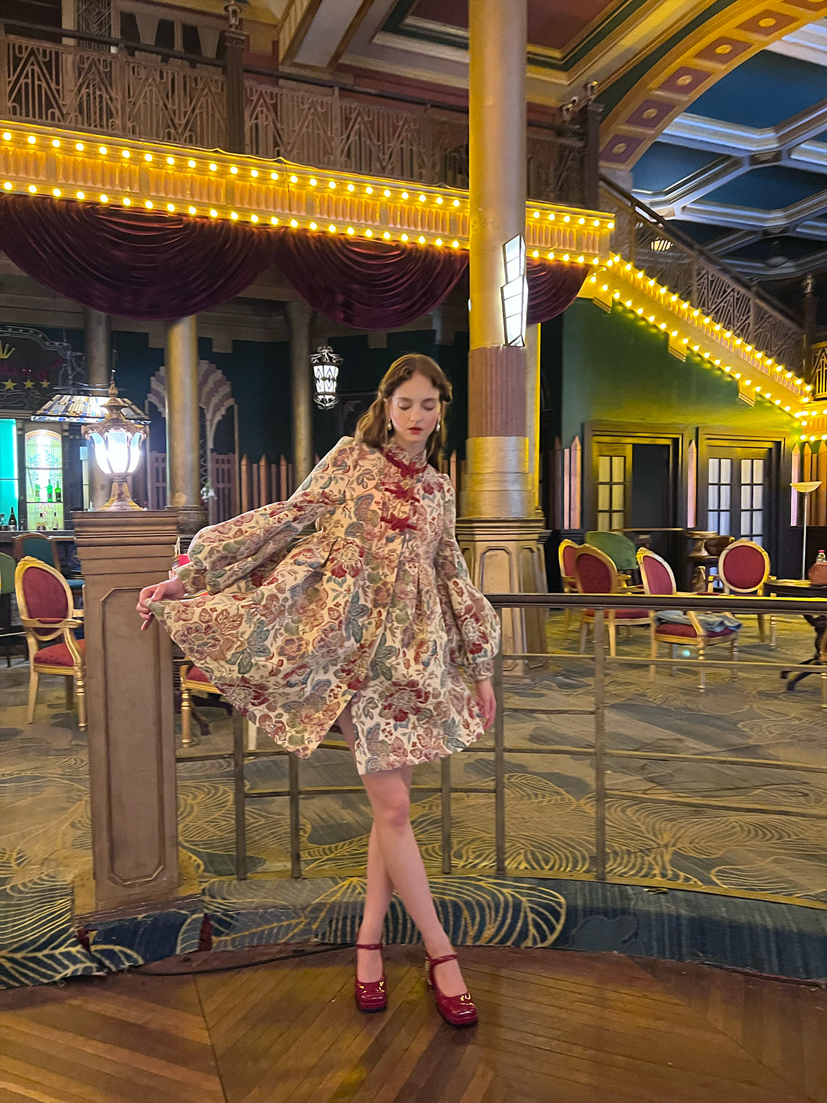 Jacquard Butterfly Accent Dress With Lantern Sleeves