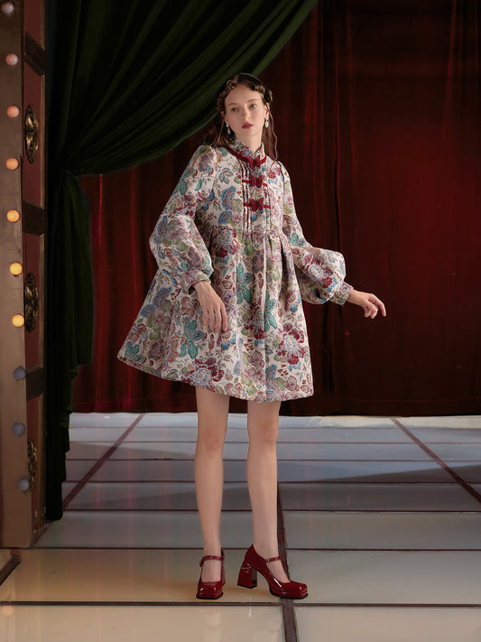 Jacquard Butterfly Accent Dress With Lantern Sleeves