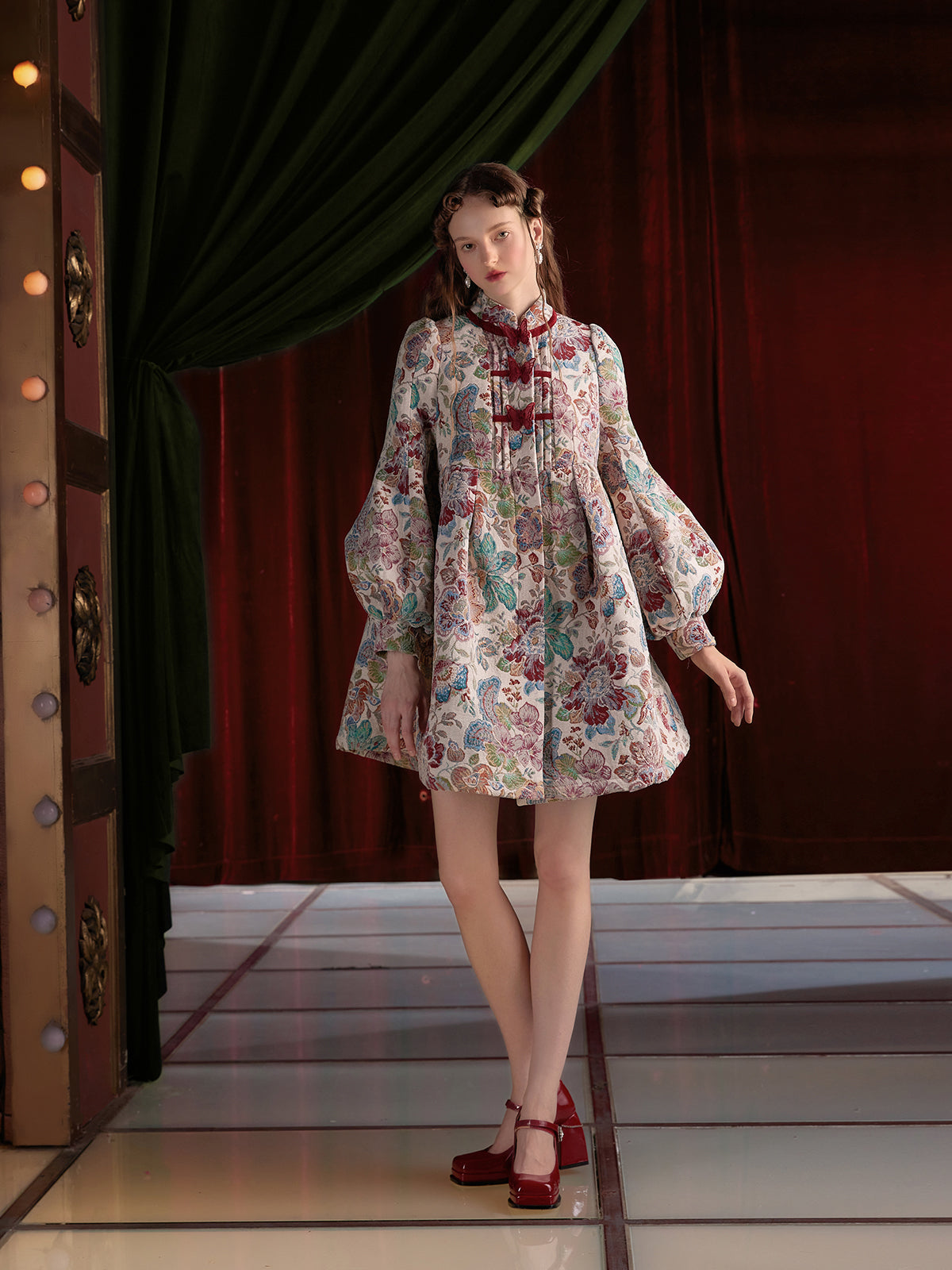 Jacquard Butterfly Accent Dress With Lantern Sleeves