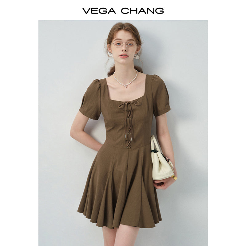 Lace-Up Puff-Sleeve Dress