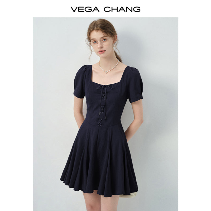 Lace-Up Puff-Sleeve Dress