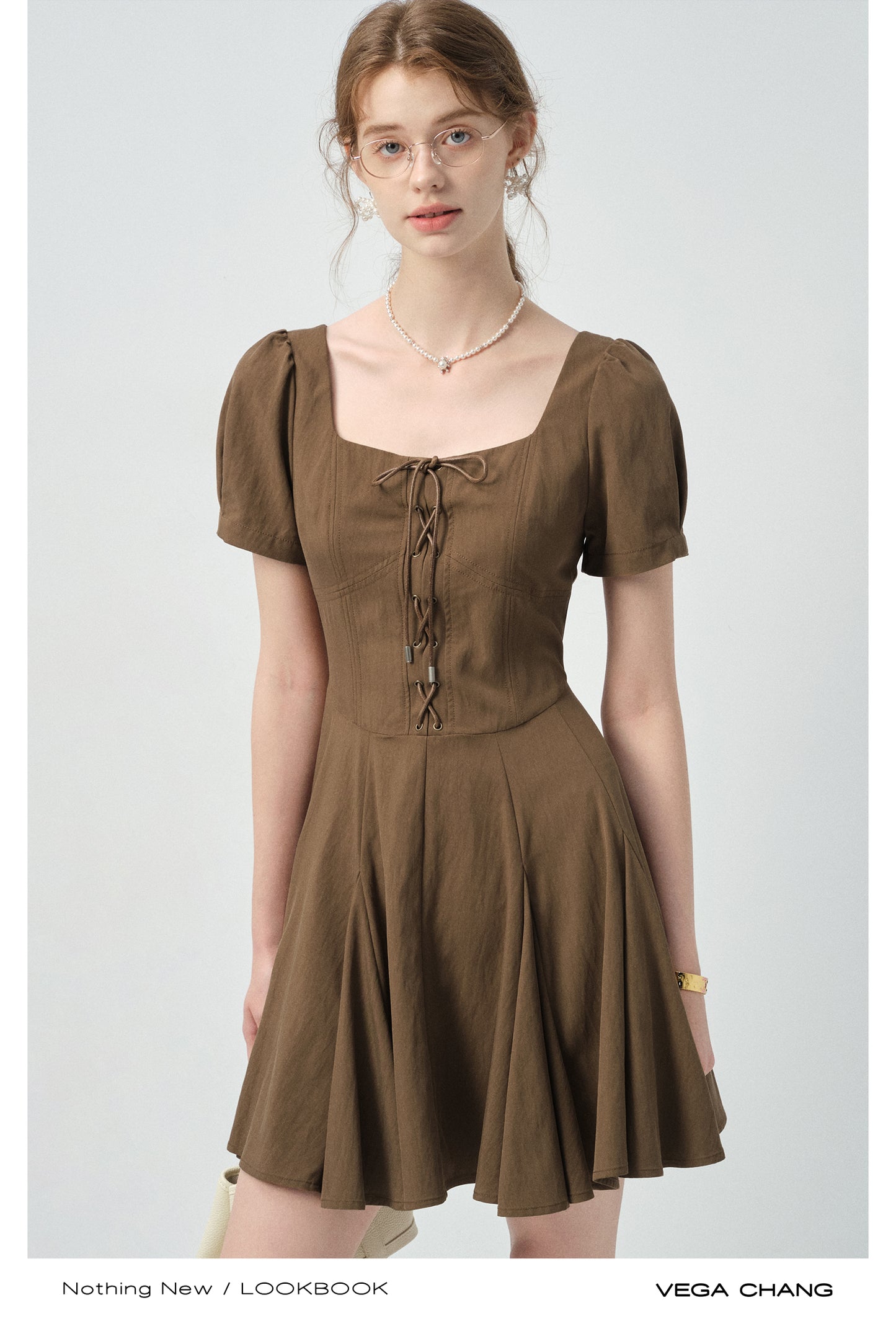 Lace-Up Puff-Sleeve Dress