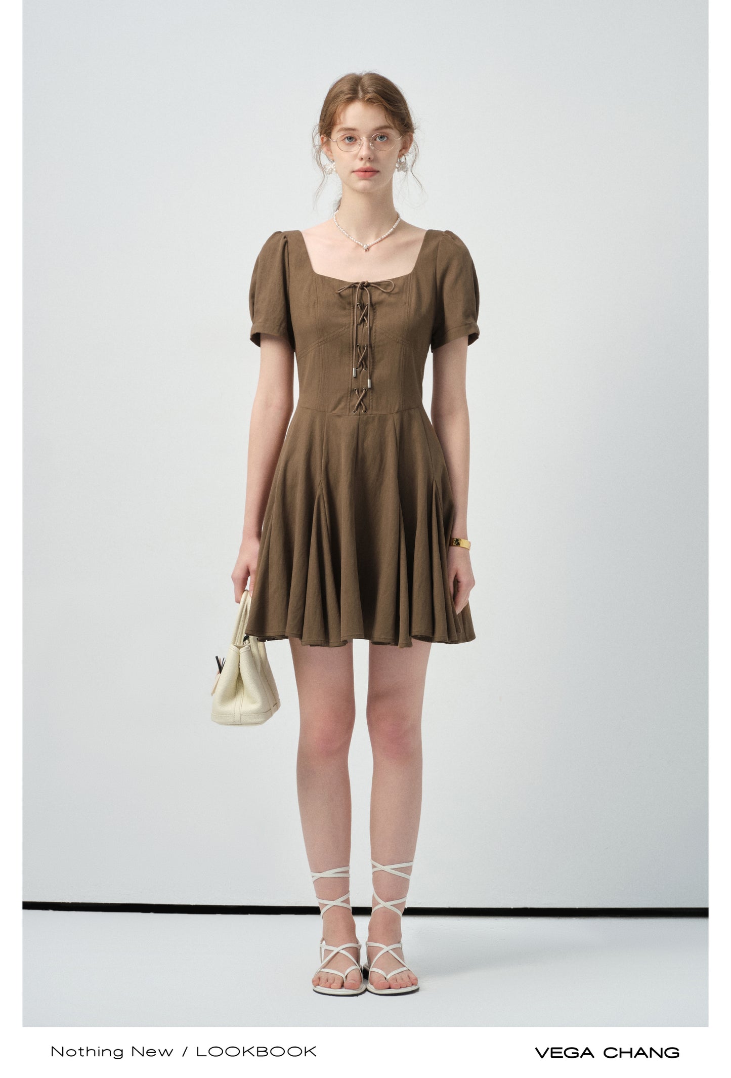 Lace-Up Puff-Sleeve Dress