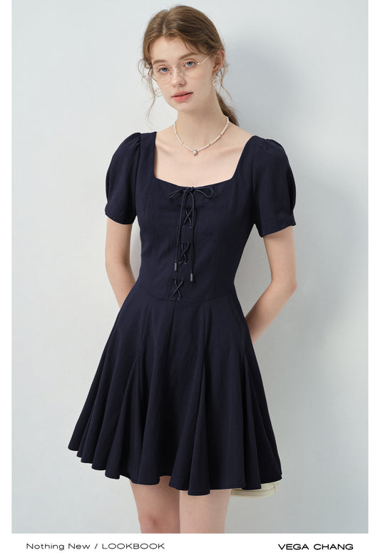 Lace-Up Puff-Sleeve Dress