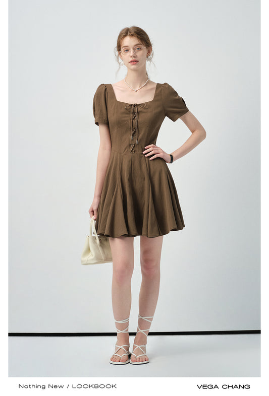 Lace-Up Puff-Sleeve Dress