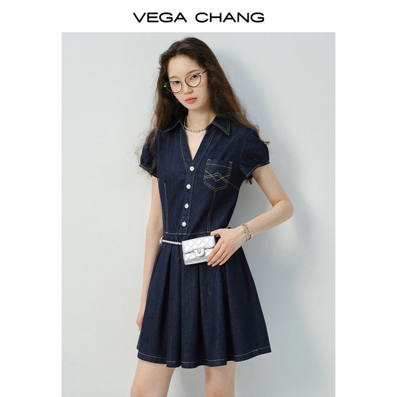 Contrast Stitched Button-Up Denim Dress