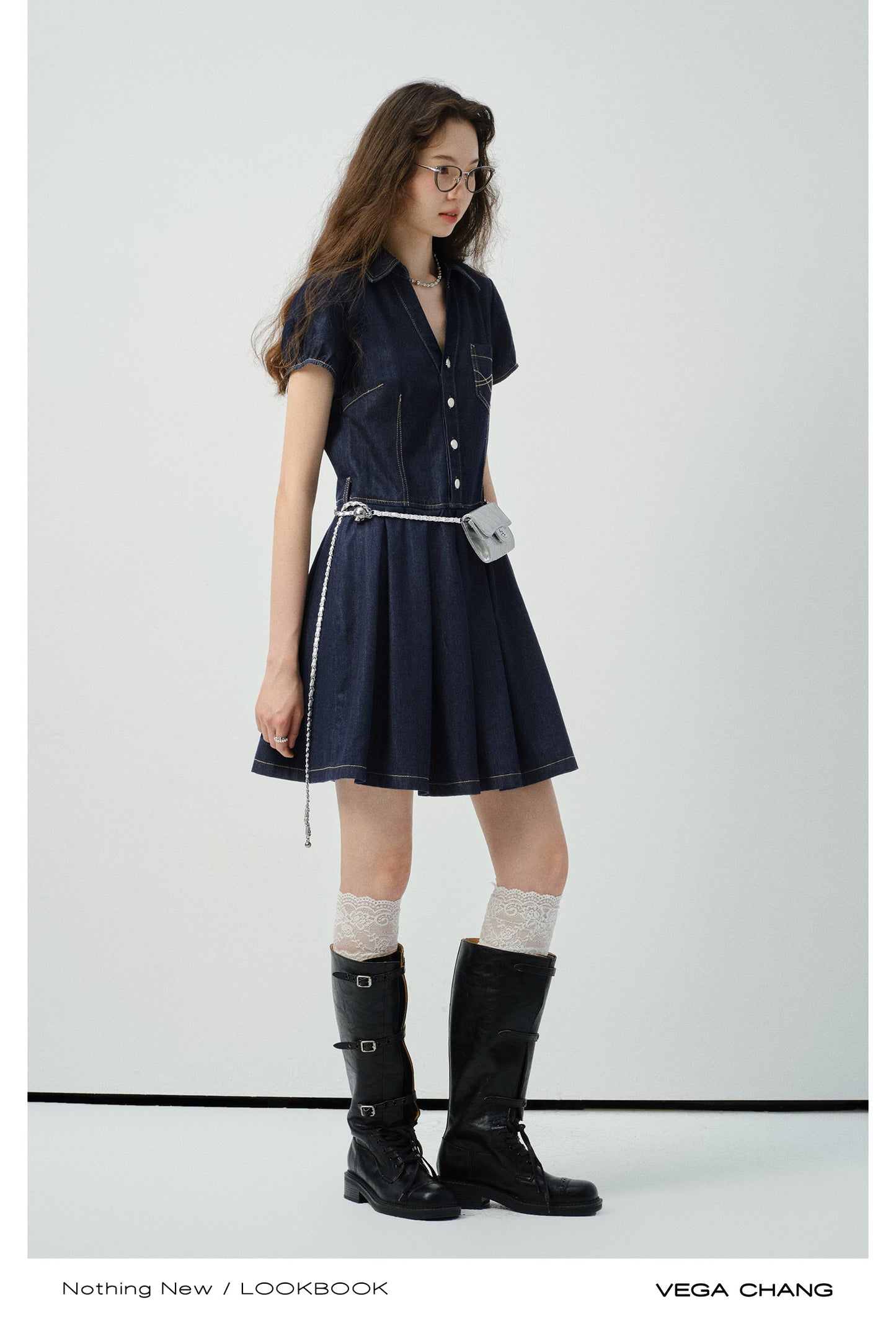 Contrast Stitched Button-Up Denim Dress