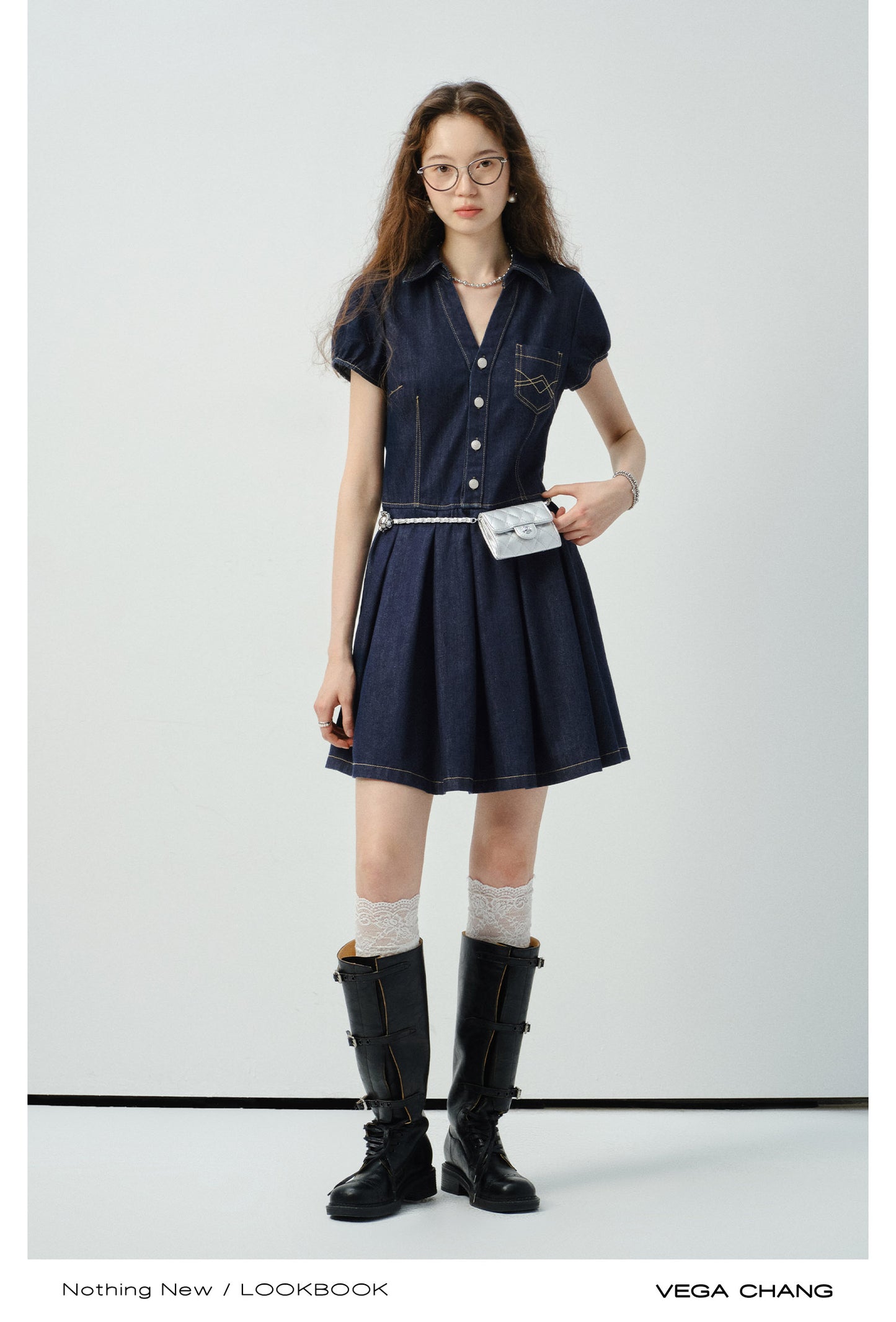 Contrast Stitched Button-Up Denim Dress