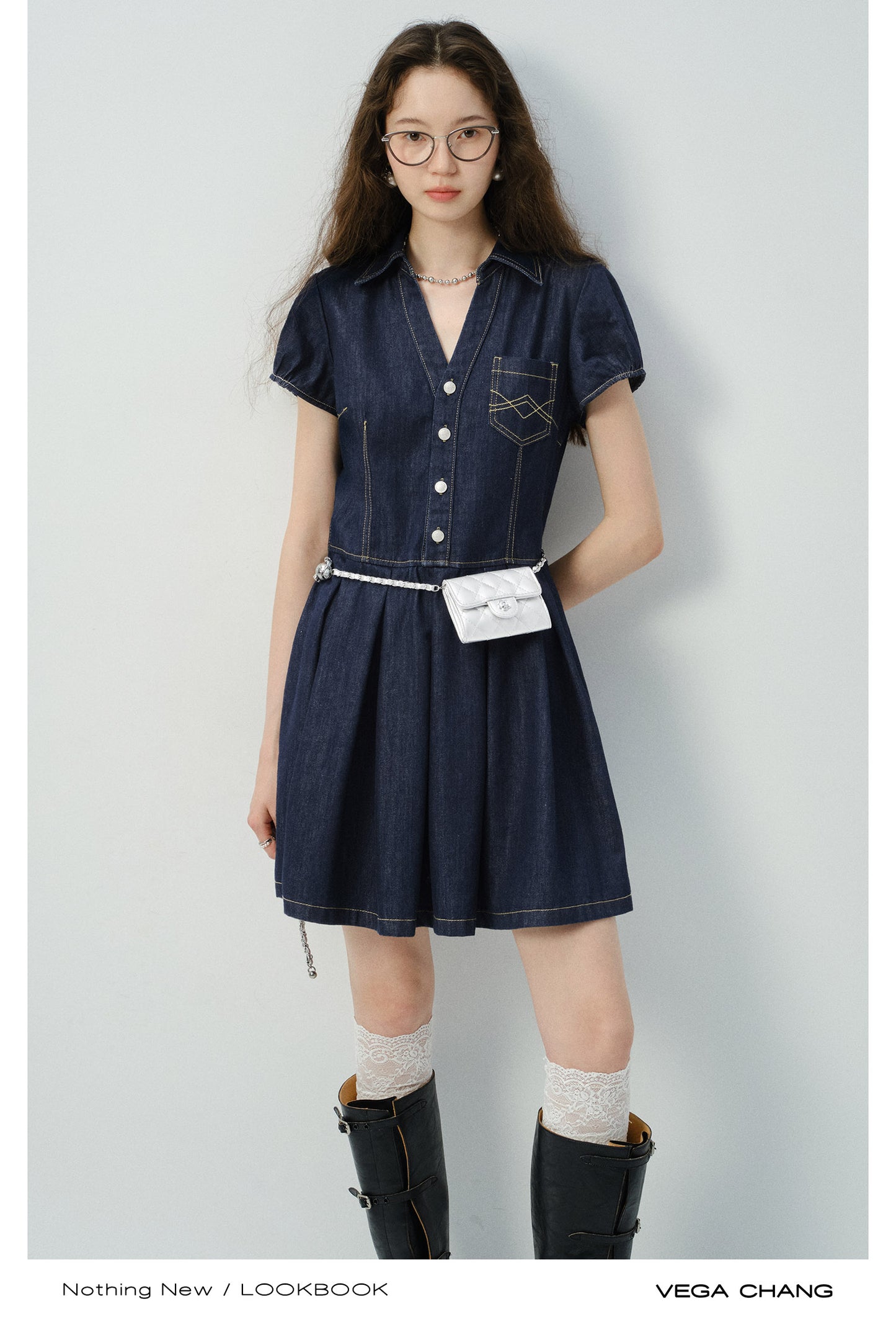 Contrast Stitched Button-Up Denim Dress