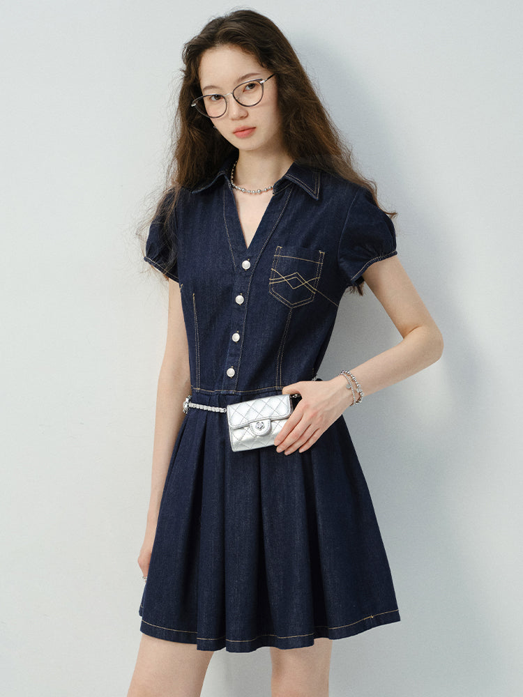 Contrast Stitched Button-Up Denim Dress