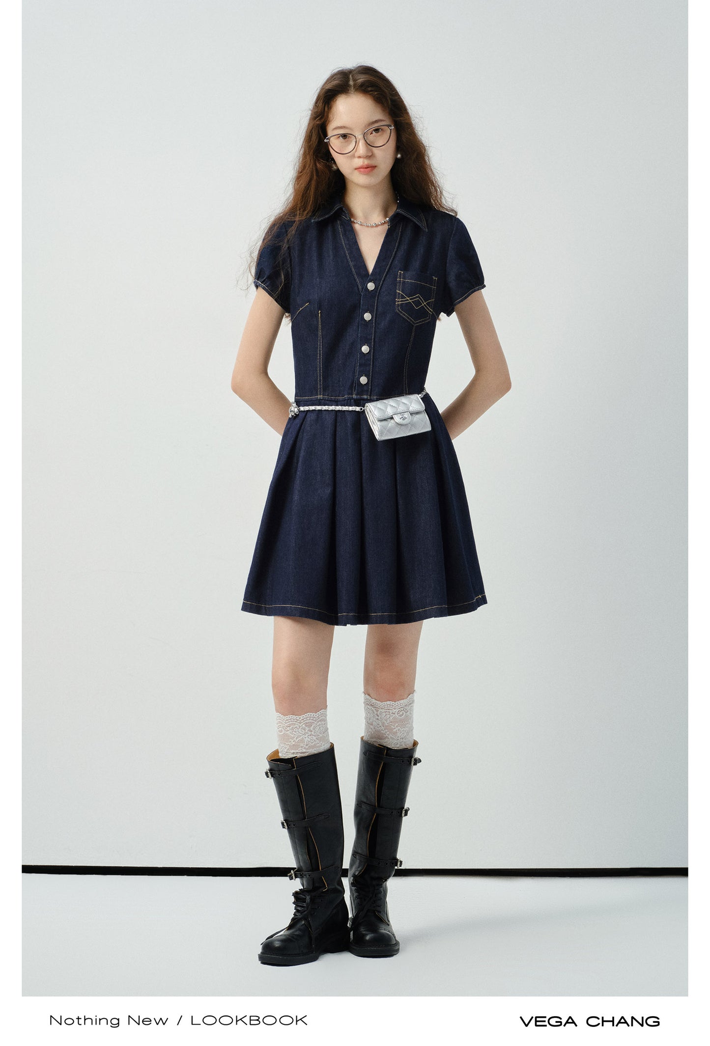 Contrast Stitched Button-Up Denim Dress