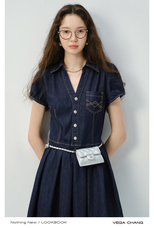 Contrast Stitched Button-Up Denim Dress