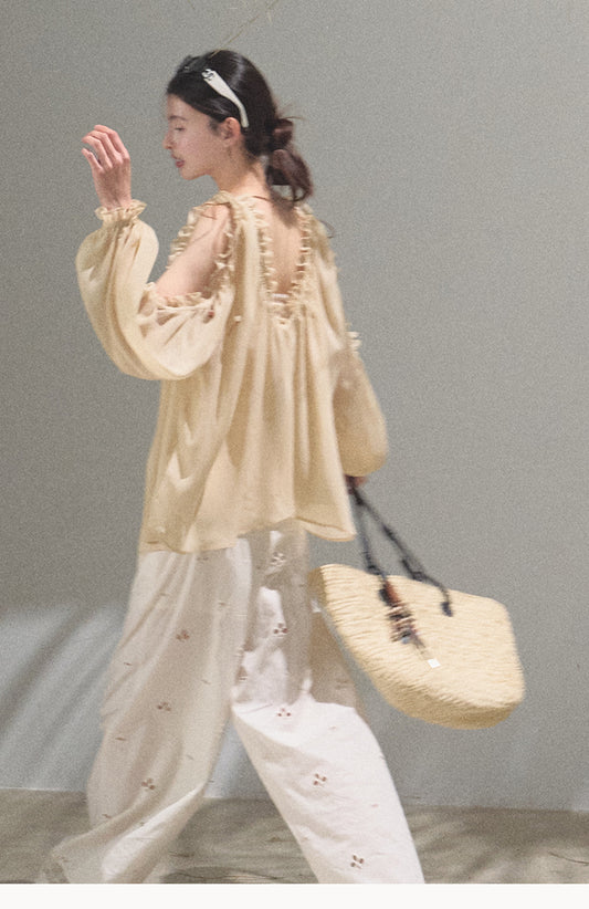 Cold-Shoulder Ruffled Chiffon Blouse