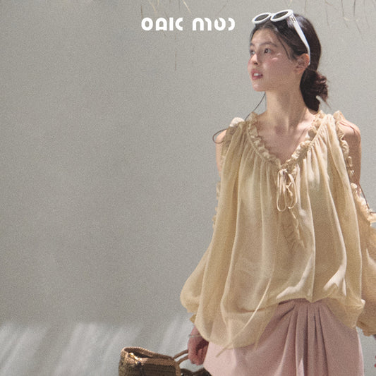 Cold-Shoulder Ruffled Chiffon Blouse
