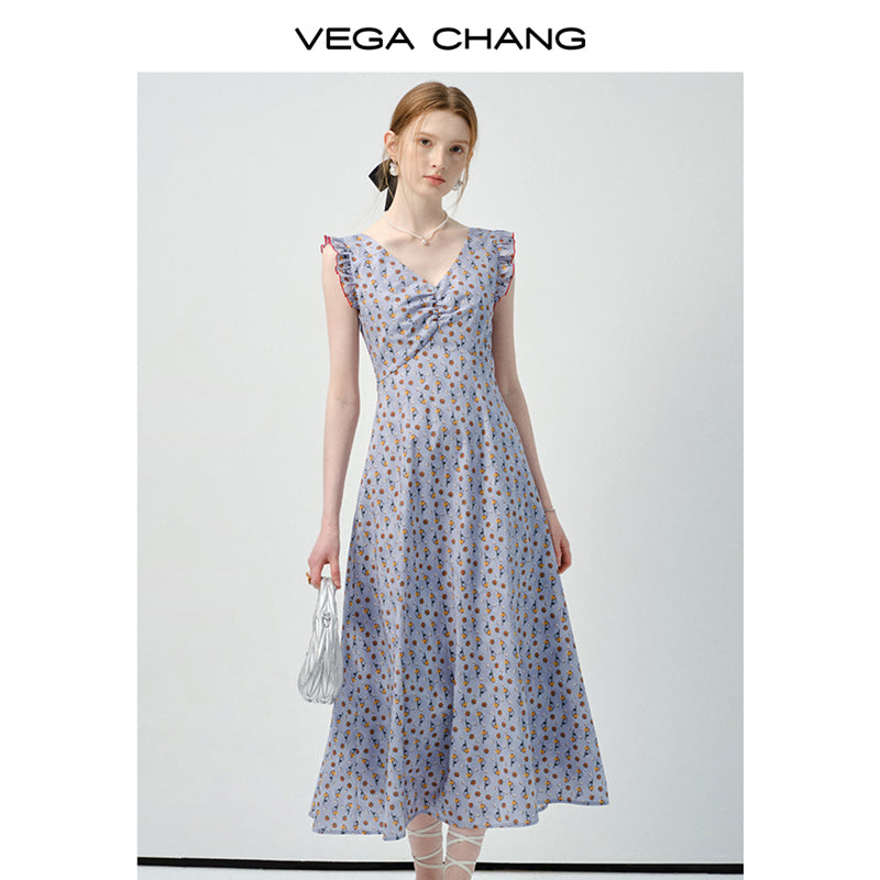 Ruffled Sleeve Floral V-Neck Dress