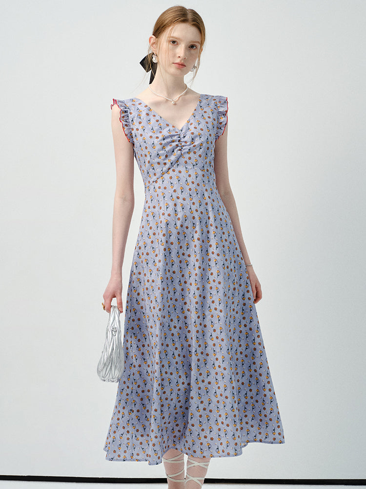 Ruffled Sleeve Floral V-Neck Dress