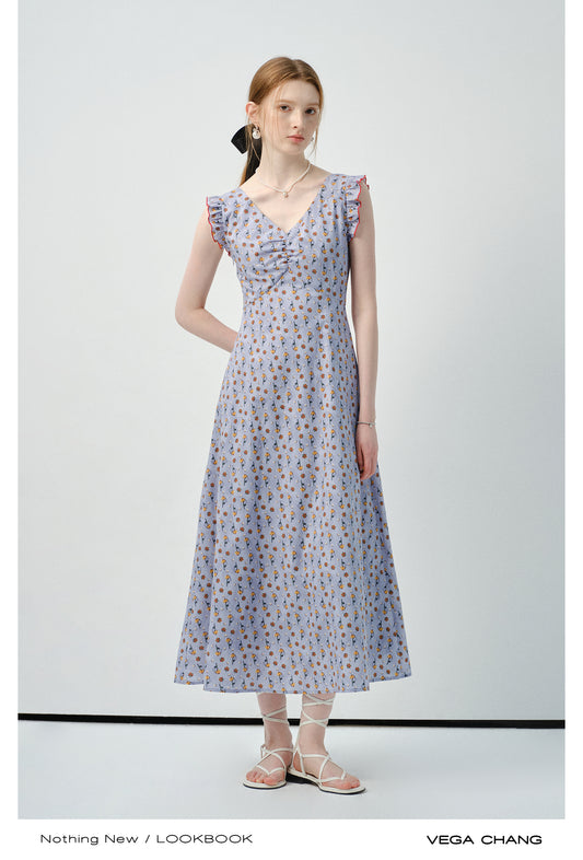 Ruffled Sleeve Floral V-Neck Dress