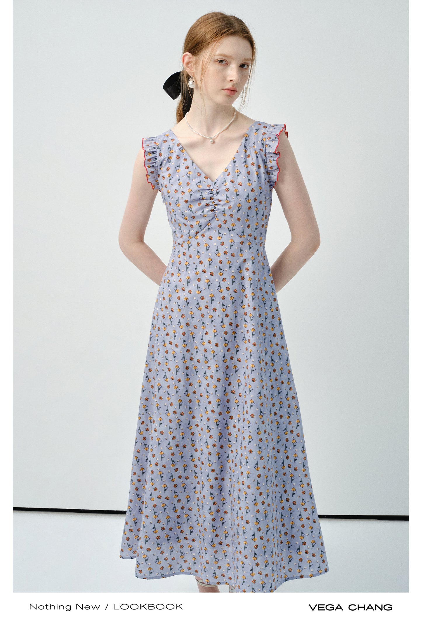 Ruffled Sleeve Floral V-Neck Dress