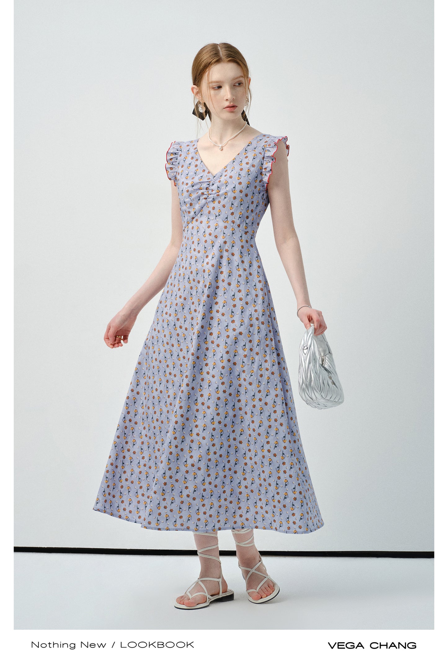 Ruffled Sleeve Floral V-Neck Dress