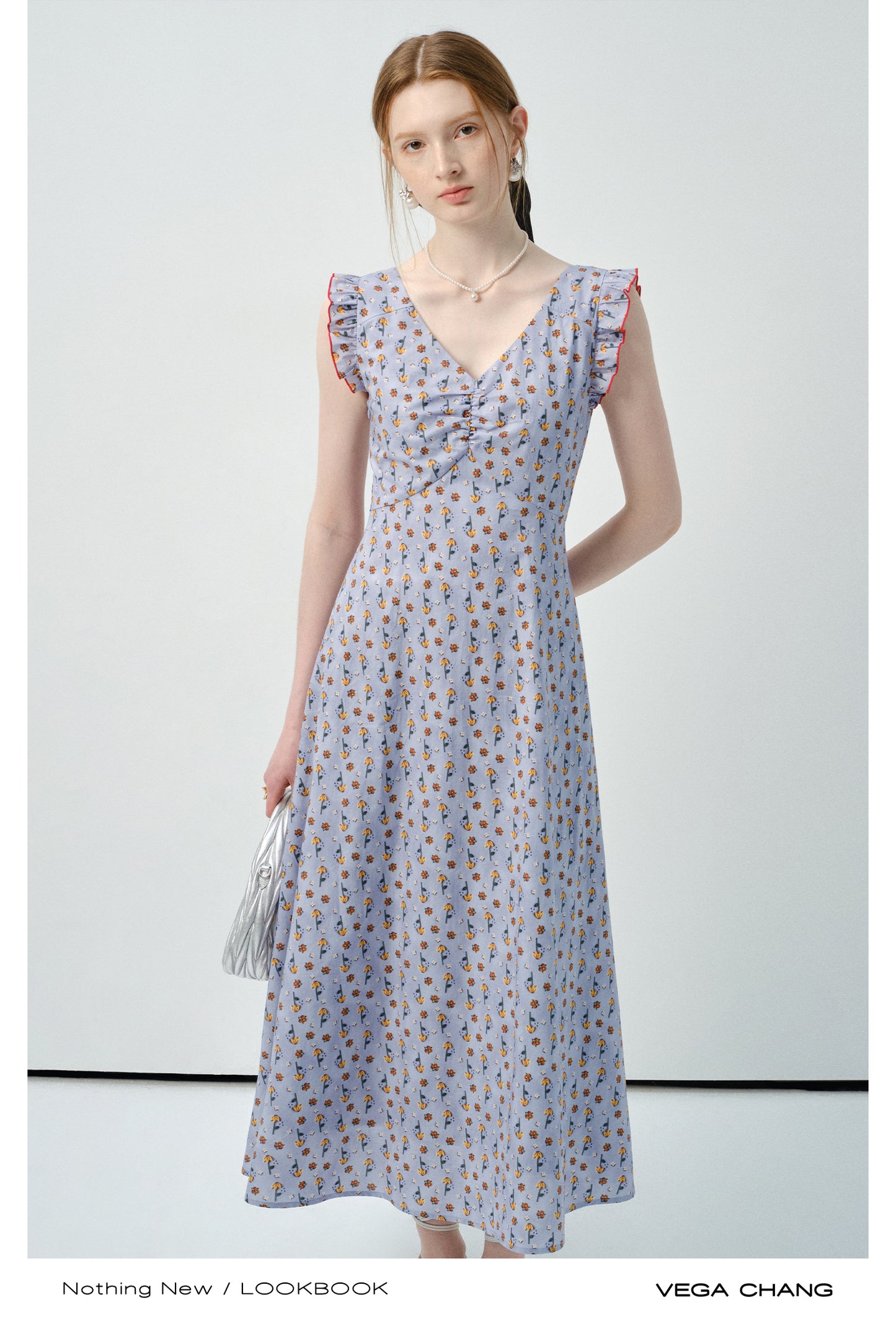 Ruffled Sleeve Floral V-Neck Dress