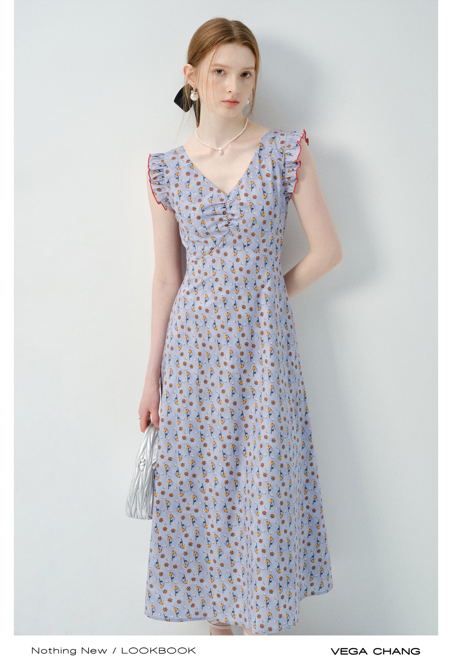 Ruffled Sleeve Floral V-Neck Dress