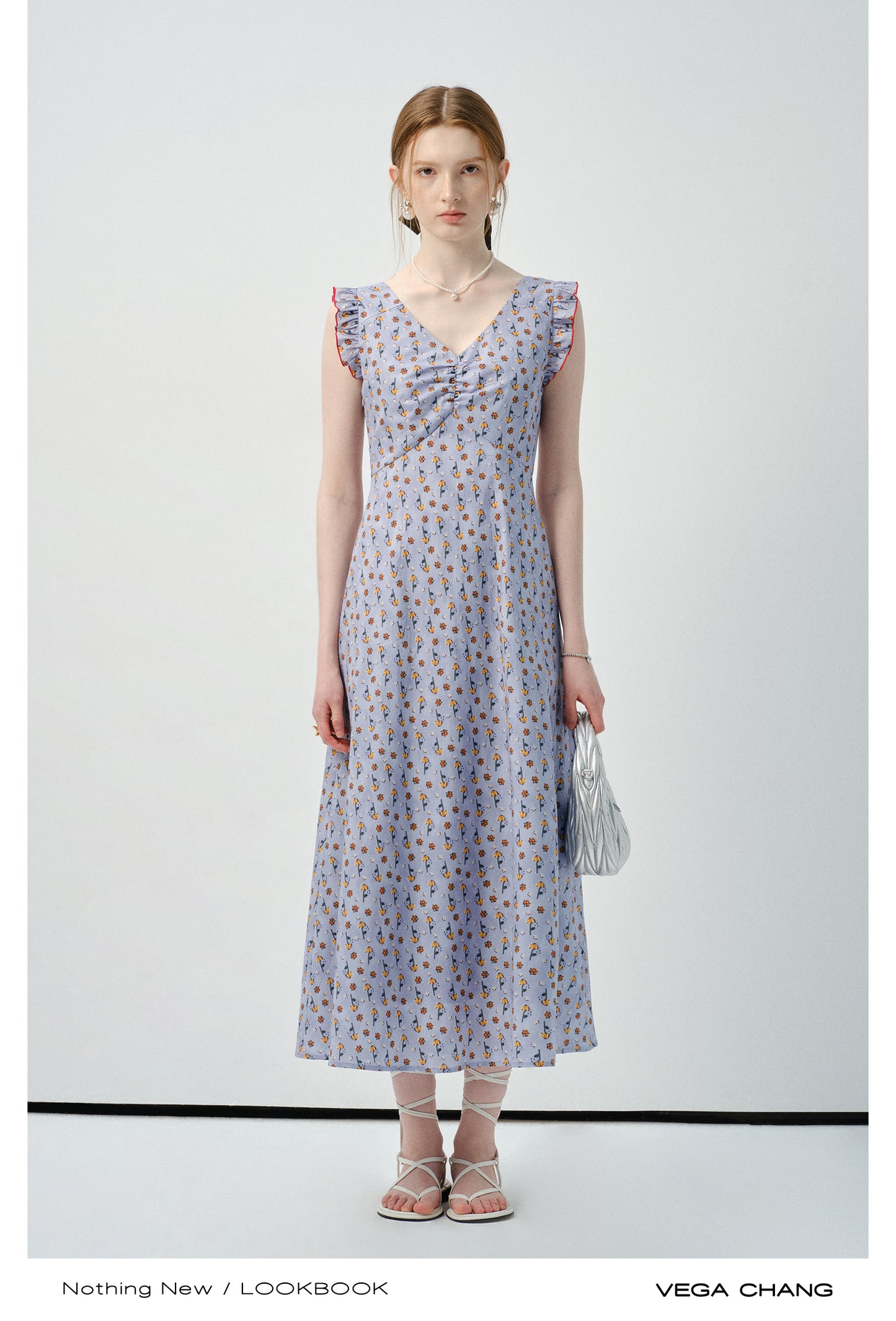 Ruffled Sleeve Floral V-Neck Dress