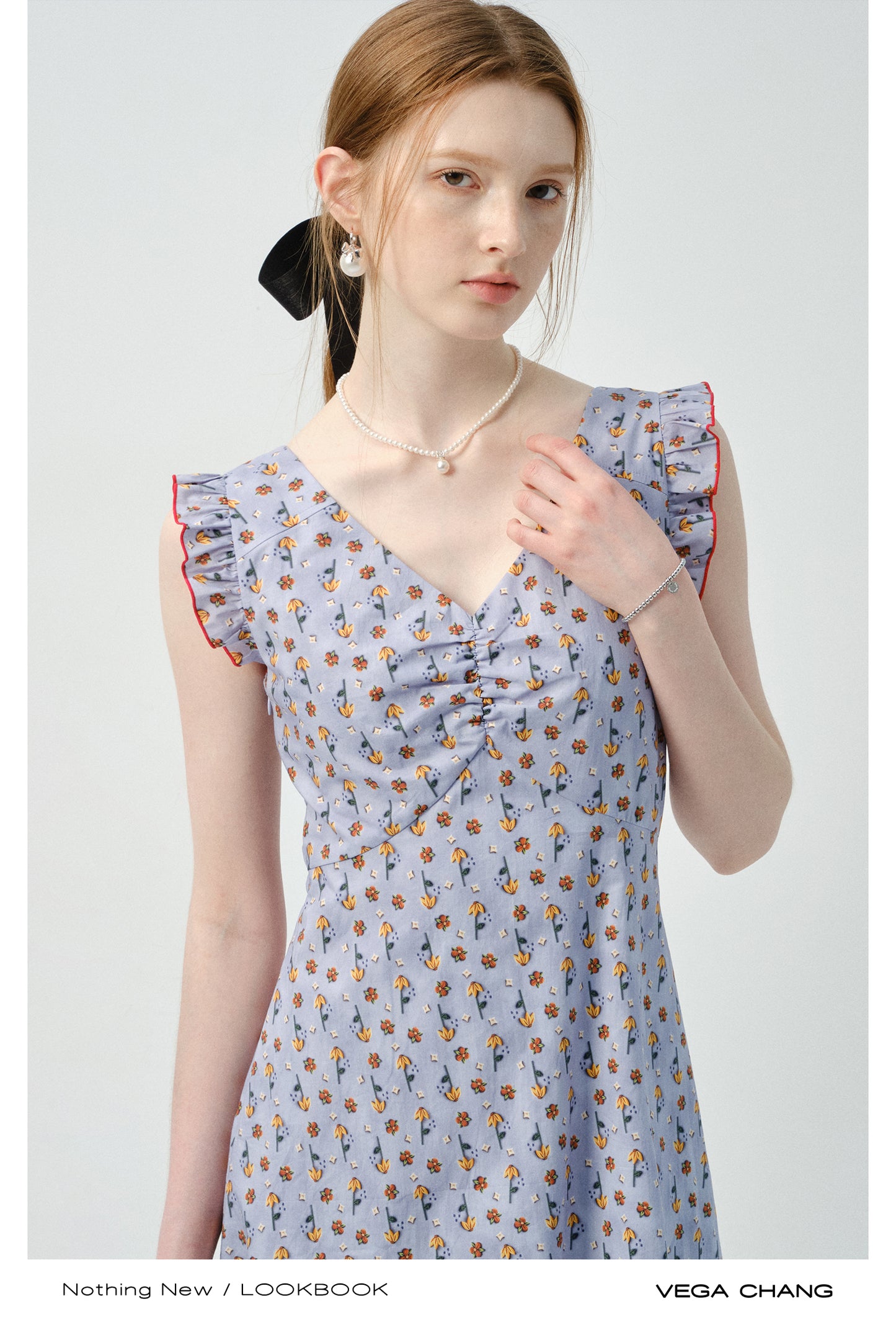 Ruffled Sleeve Floral V-Neck Dress