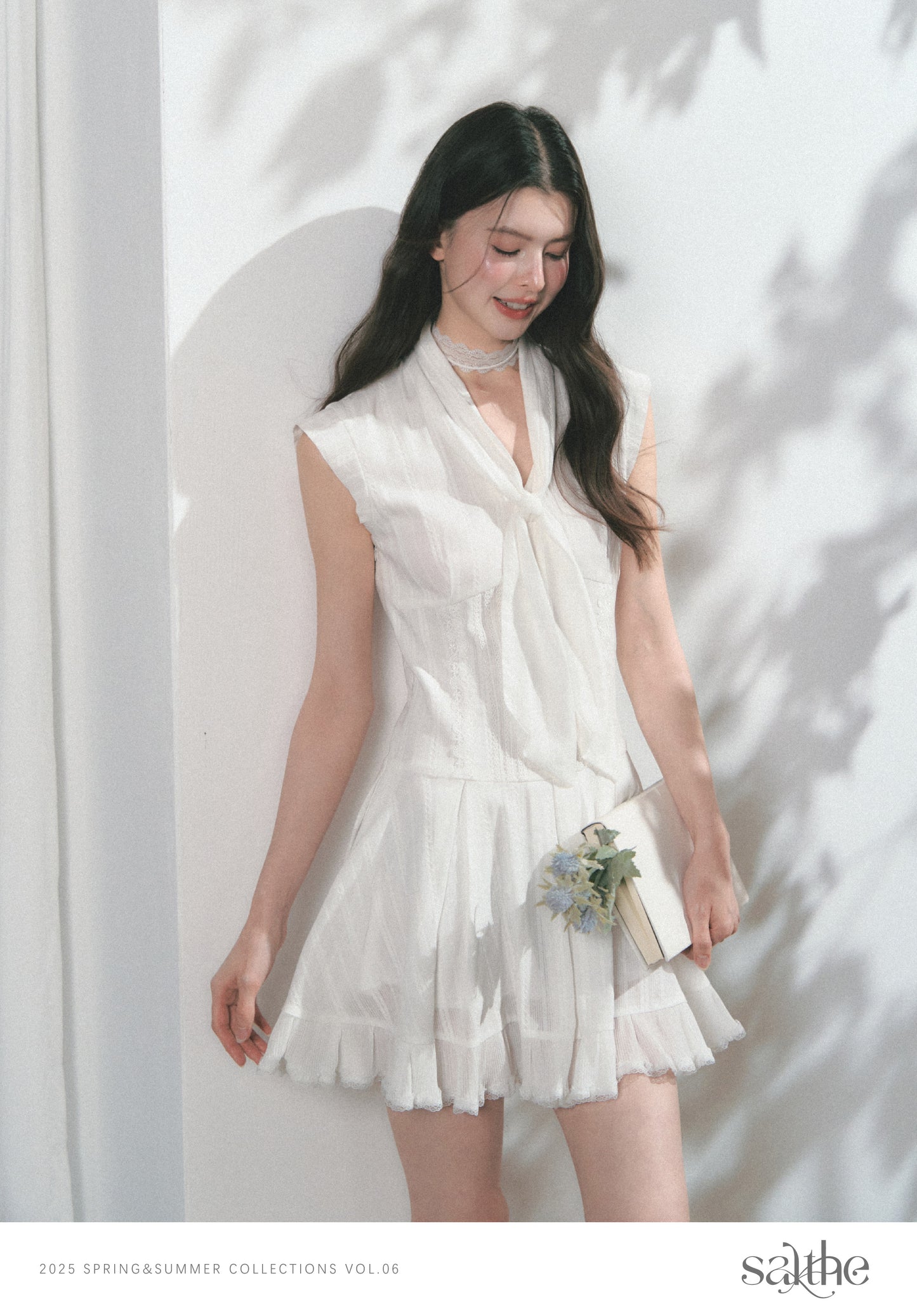 Mini Dress With Lace Detail And Tie Neck