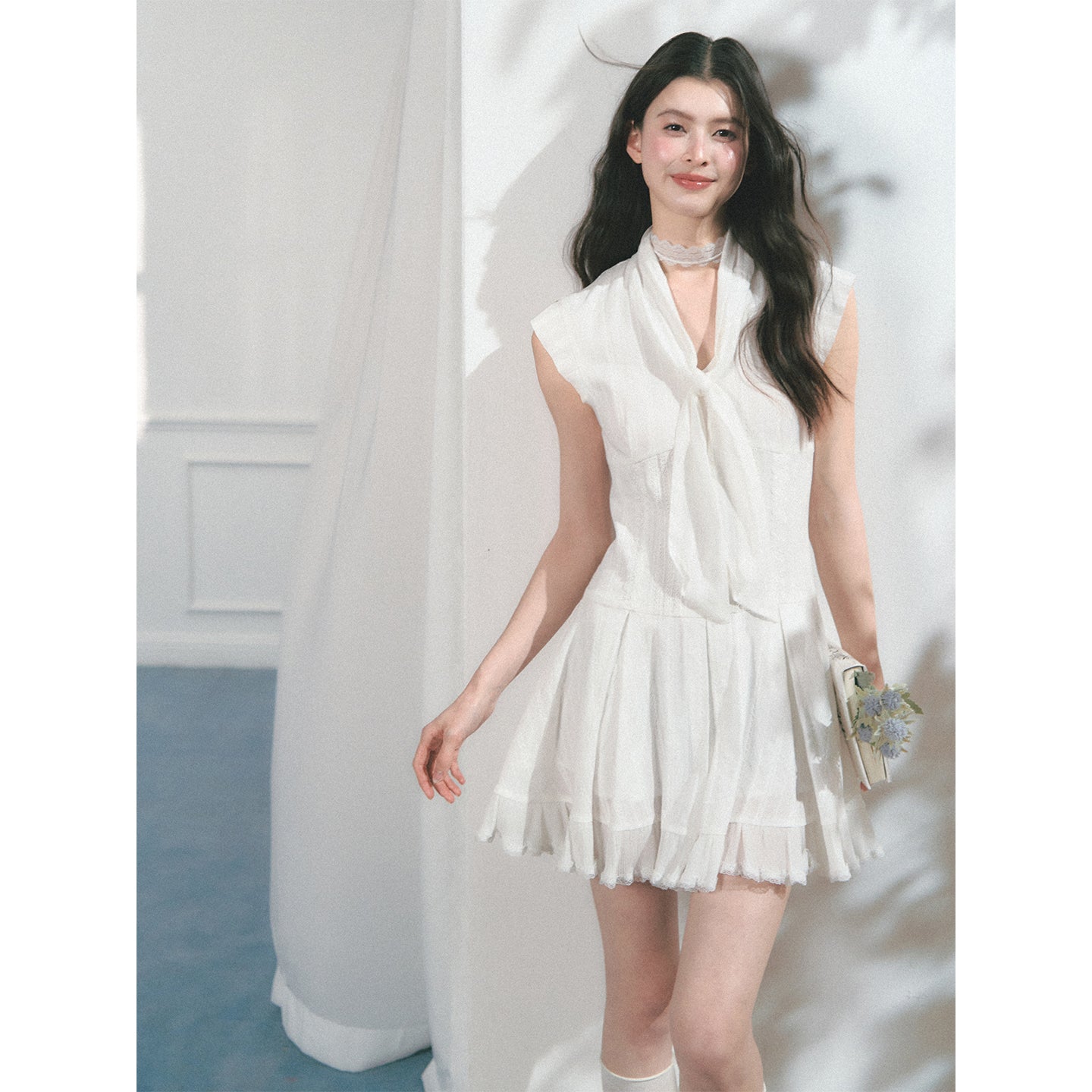 Mini Dress With Lace Detail And Tie Neck