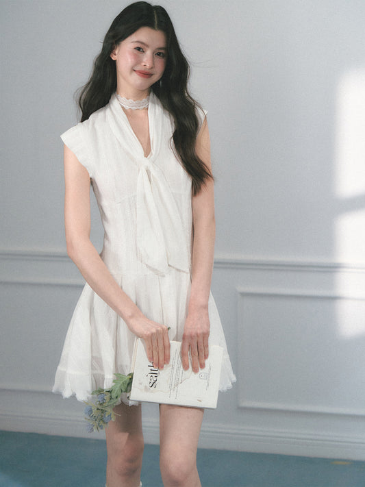 Mini Dress With Lace Detail And Tie Neck