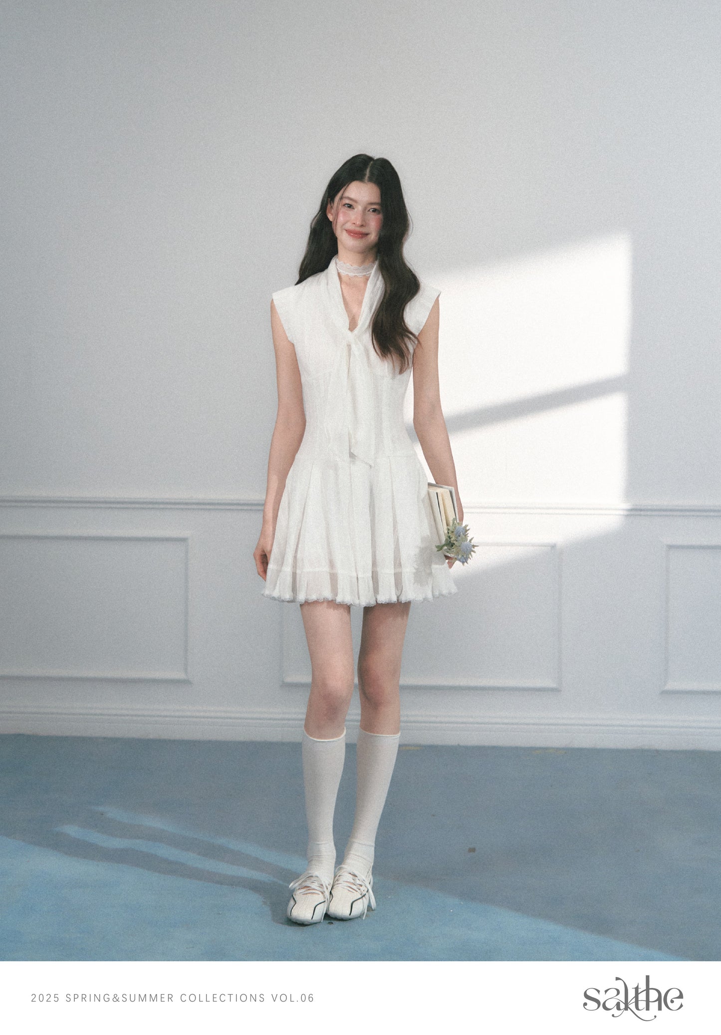 Mini Dress With Lace Detail And Tie Neck