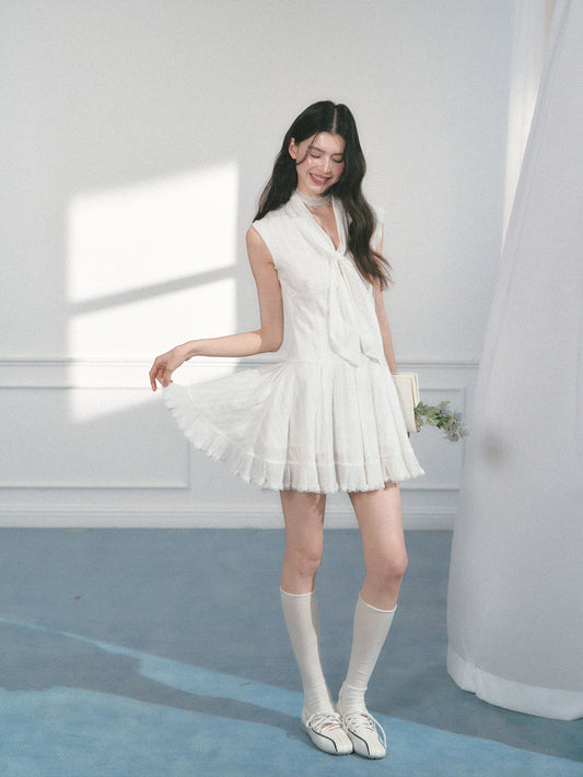 Mini Dress With Lace Detail And Tie Neck