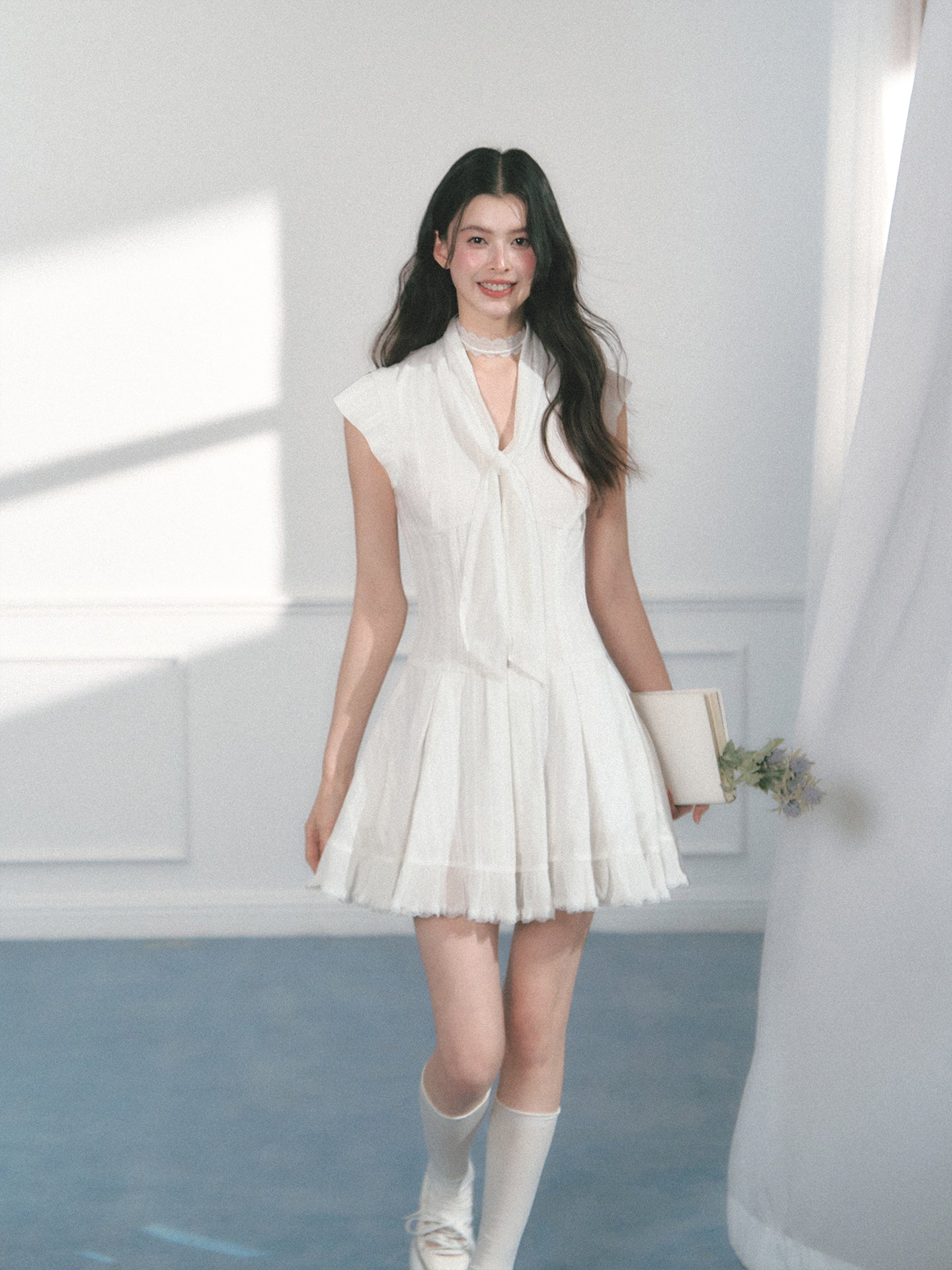 Mini Dress With Lace Detail And Tie Neck
