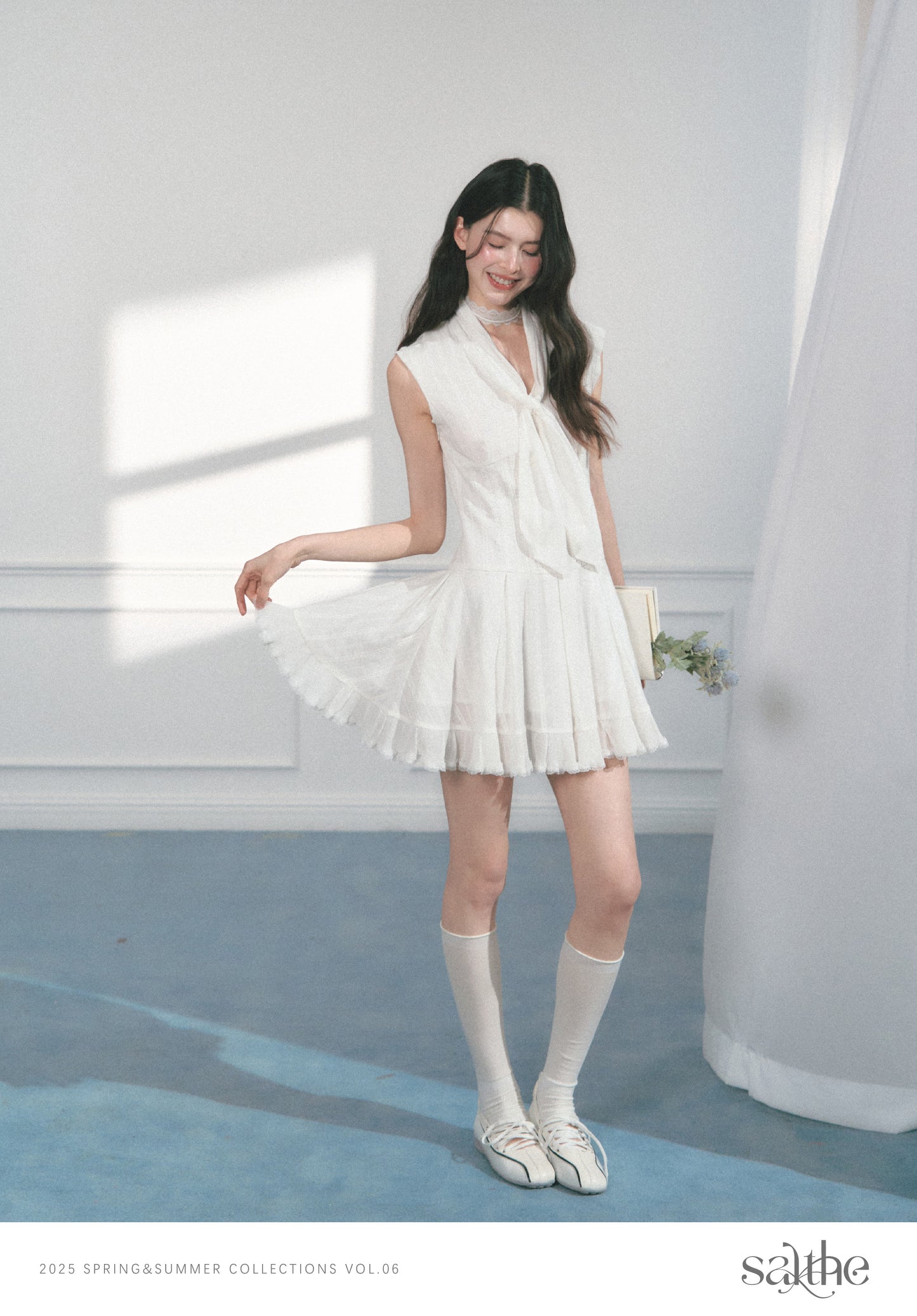 Mini Dress With Lace Detail And Tie Neck