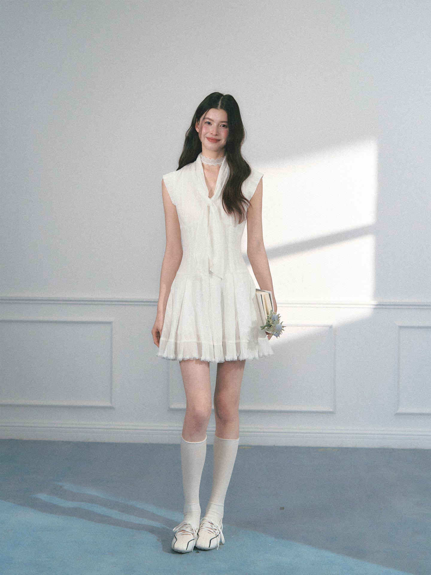 Mini Dress With Lace Detail And Tie Neck