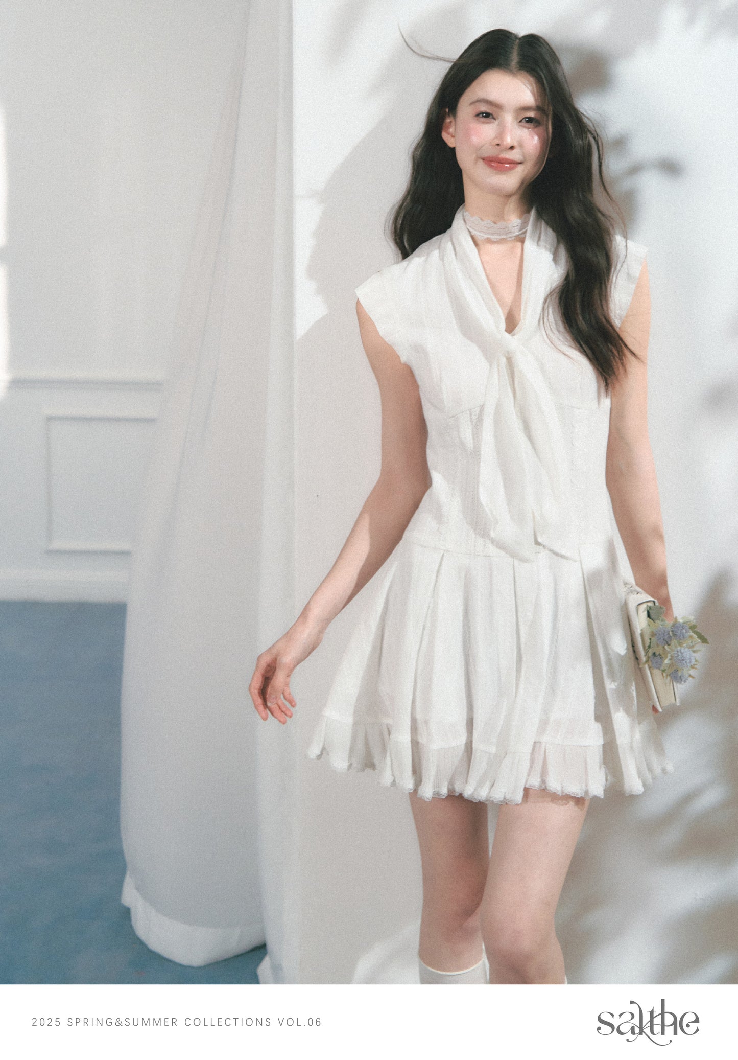 Mini Dress With Lace Detail And Tie Neck