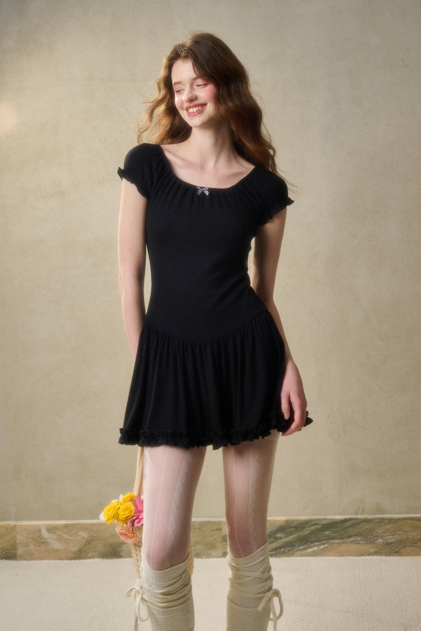 Elastic Frill Rib Knit Dress With Gingham Bow