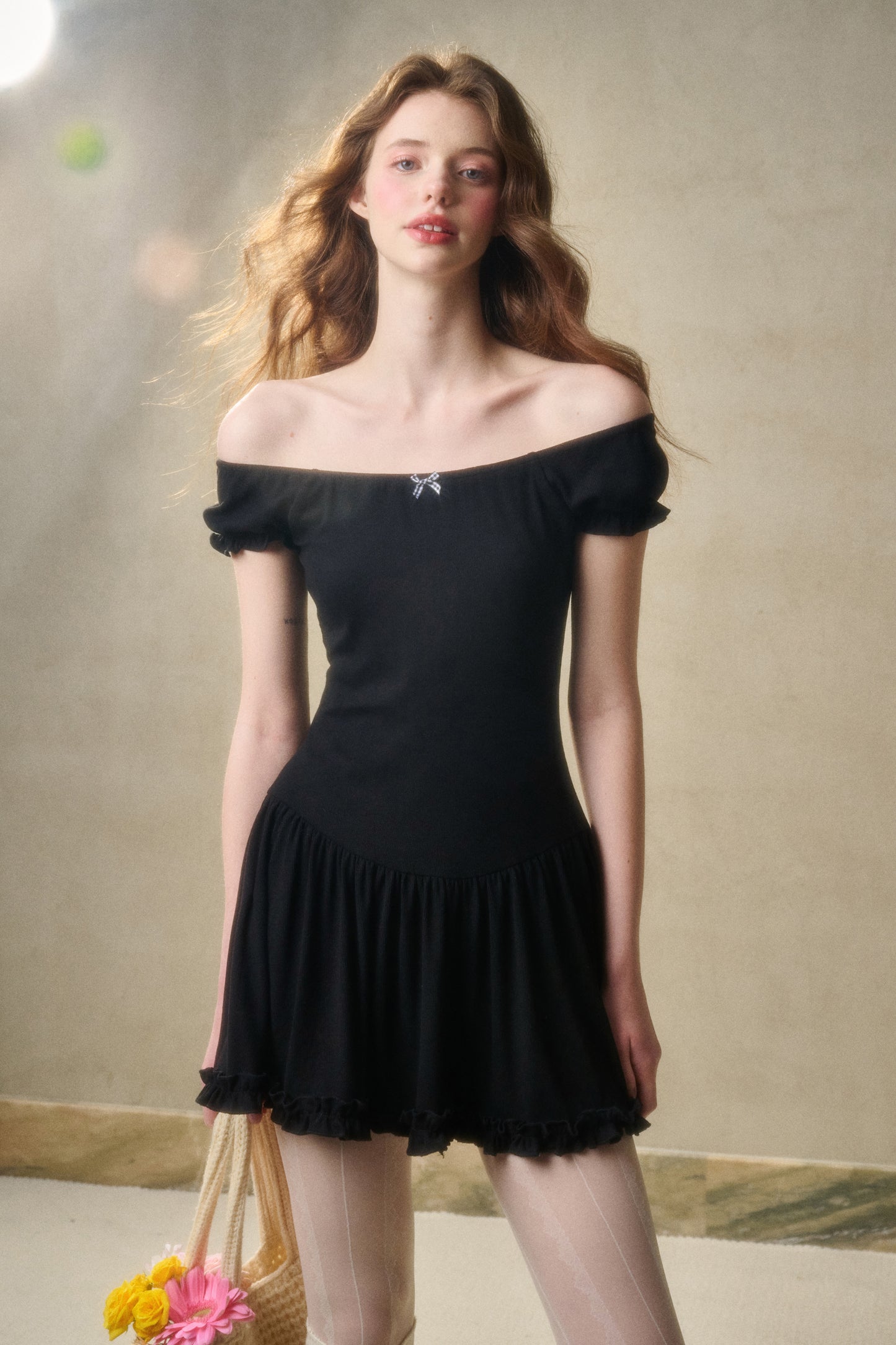 Elastic Frill Rib Knit Dress With Gingham Bow
